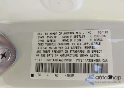 2010 Honda Accord 3.5 Ex-L из США, поврежденный, VIN 1HGCP3F81AA019466